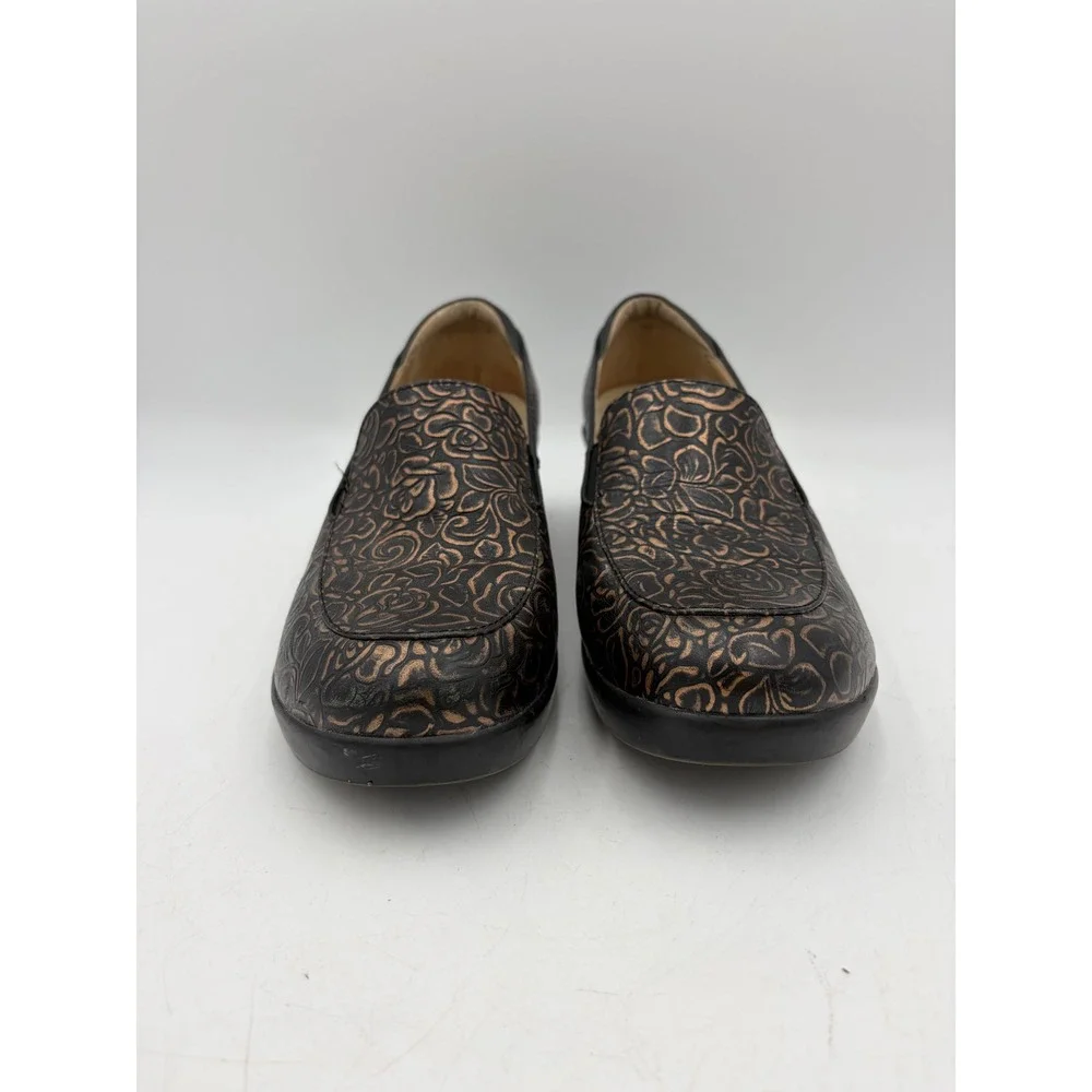 Alegria Emma Bronze Rose Embossed Floral Leather Wedge Black Women 9.5-10 EU 40